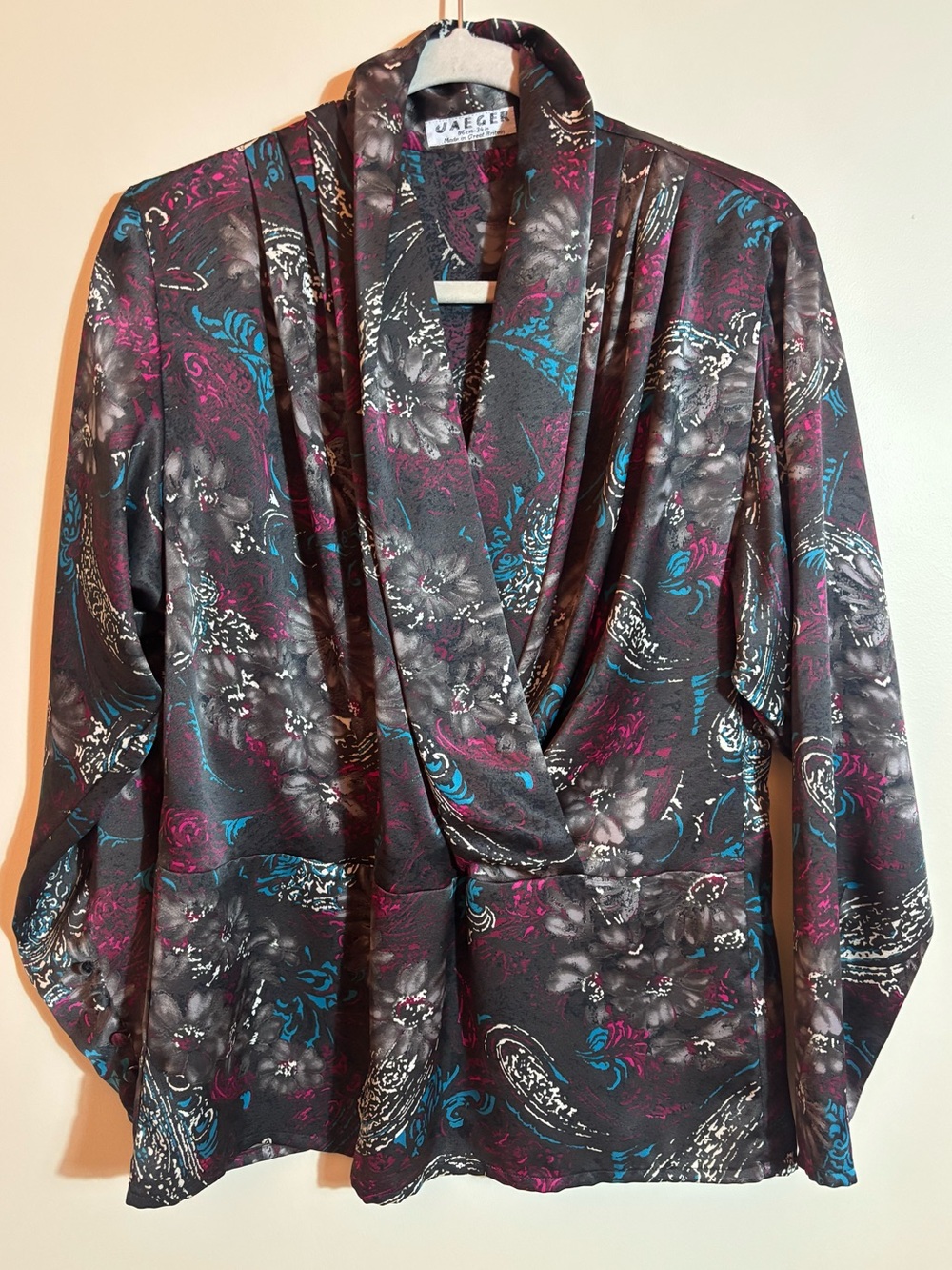 Jaeger Vintage Black Multi Floral Paisley Shawl Draped Blouse sz 34